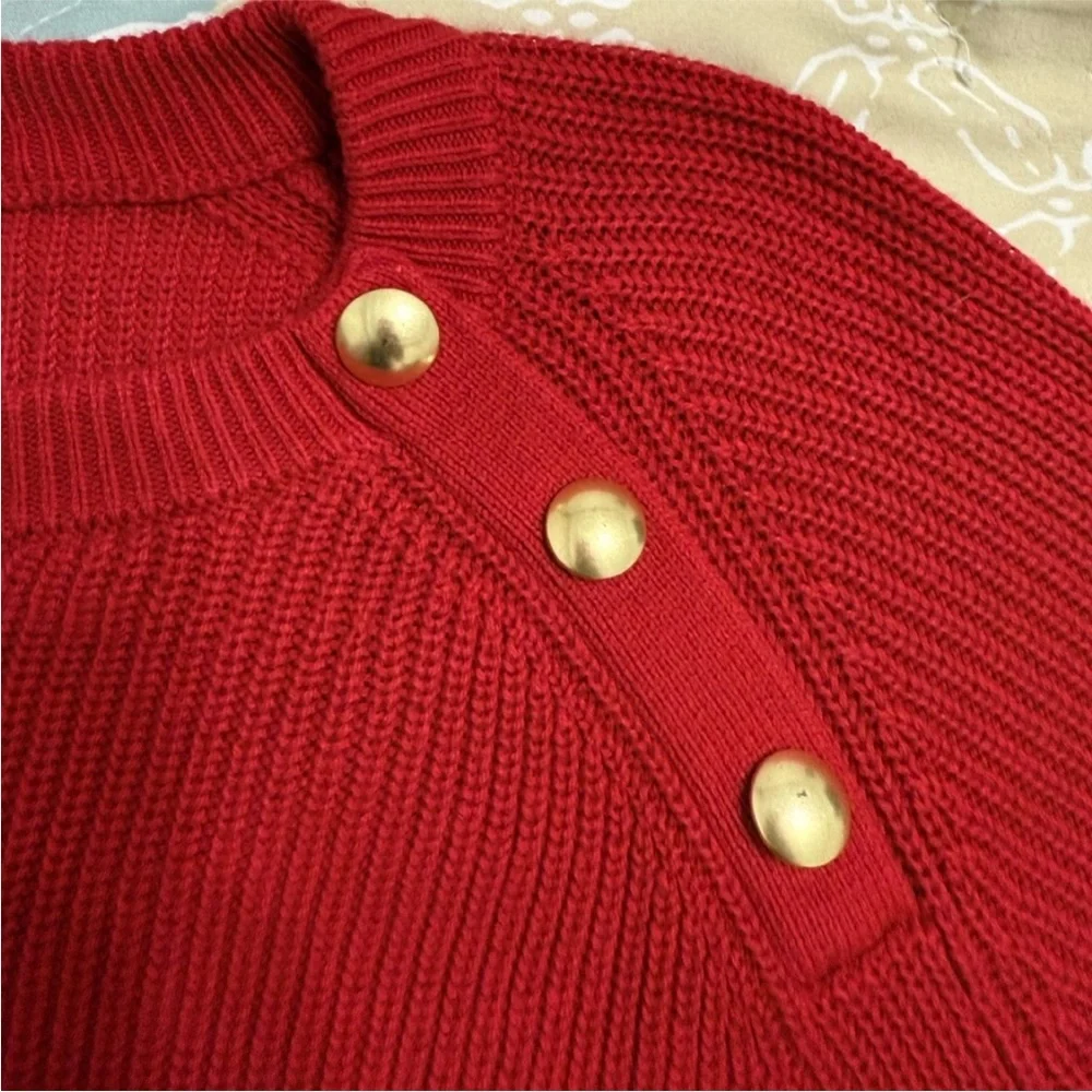 J.Crew Red Crewneck Sweater Gold Buttons J.Crew Factory Medium
